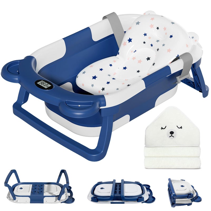 MoreFeel Collapsible Baby Bathtub for Newborn with Thermometer & 1 Soft Floating Cushion & 1 Bath Net,Portable Travel Bathtub with Drain Hole, Durable Foldable Baby Tubs for Infants to Toddler - Image 1