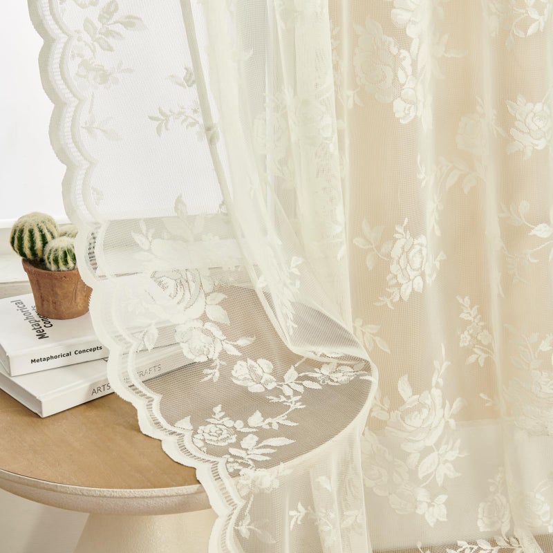 SEEKRIGHT Ivory Lace Curtains 63 Inch Length 2 Panels Victorian Floral Sheer Curtains for Living Room Bedroom Rod Pocket Light Filtering Cream French Window Curtains, 52x63 - Image 1