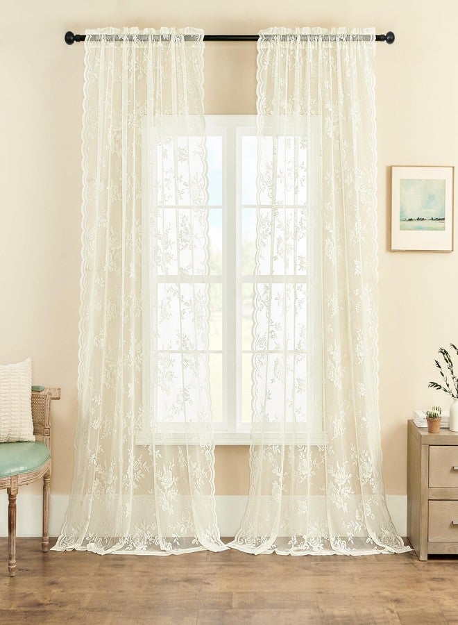 SEEKRIGHT Ivory Lace Curtains 63 Inch Length 2 Panels Victorian Floral Sheer Curtains for Living Room Bedroom Rod Pocket Light Filtering Cream French Window Curtains, 52x63 - Image 2