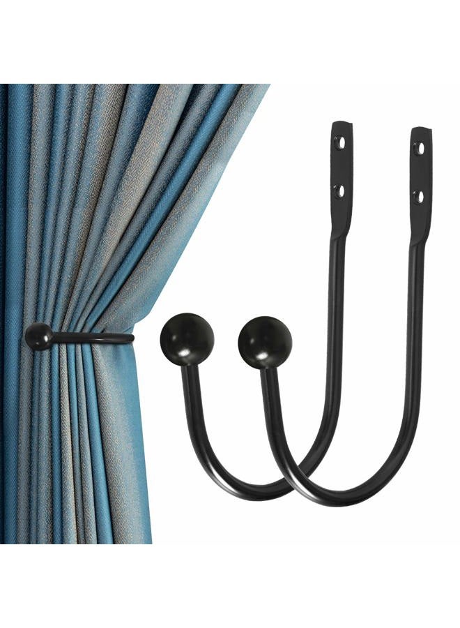 HEMOUR Curtain Holdback, 2pcs Wall Mounted Drapery Tiebacks with Screws, Heavy Duty Metal Decorative Window Drapery Holder Curtain Hook, Black - Image 1