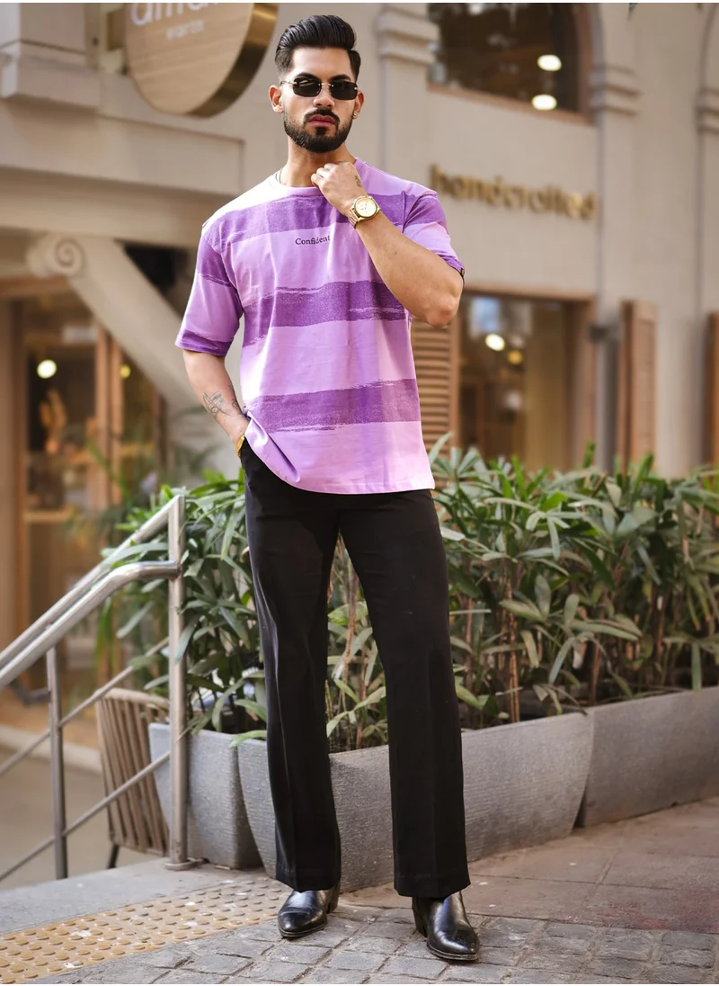 مانياك Mens Striped Round Neck 3/4th Sleeve Lavender and Purple Cotton T-Shirt