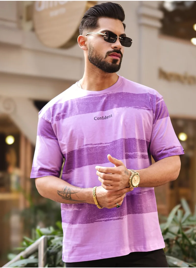مانياك Mens Striped Round Neck 3/4th Sleeve Lavender and Purple Cotton T-Shirt