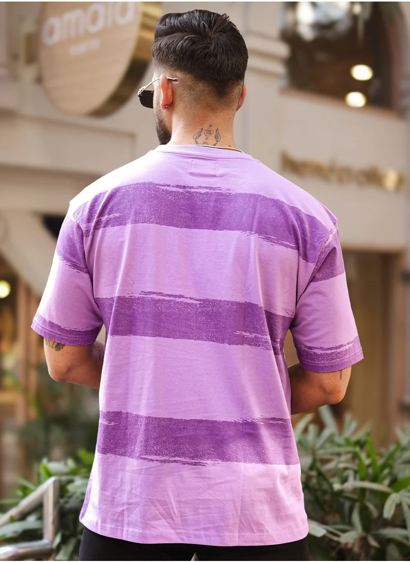 مانياك Mens Striped Round Neck 3/4th Sleeve Lavender and Purple Cotton T-Shirt
