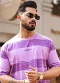 مانياك تيشيرت قطن رجالي بأكمام ثلاثة أرباع ورقبة دائرية مخطط باللون الخزامي والبنفسجي