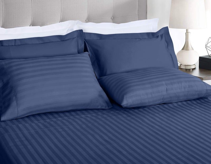 Threadmill Threadmill 500 Thread Count Twin Size Damask Stripe  3 Pc Luxury Cotton Bedding Set  Breathable Folkstone Blue Sheets with 15"" Elasticized Deep Pocket  1 Pillowcase & Free Tote Bag  - Image 2