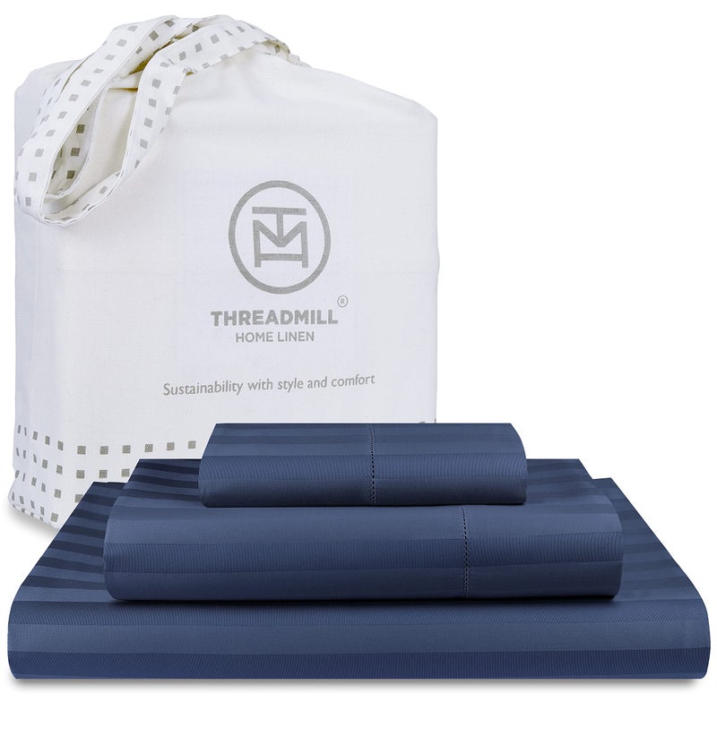 Threadmill Threadmill 500 Thread Count Twin Size Damask Stripe  3 Pc Luxury Cotton Bedding Set  Breathable Folkstone Blue Sheets with 15"" Elasticized Deep Pocket  1 Pillowcase & Free Tote Bag  - Image 1