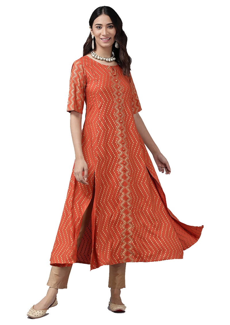 Yash Gallery Women's Rayon Zig-Zag Printed Anarkali Regular Fit Kurta For Women (1306YKORANGE_Orange_Small) - Image 1