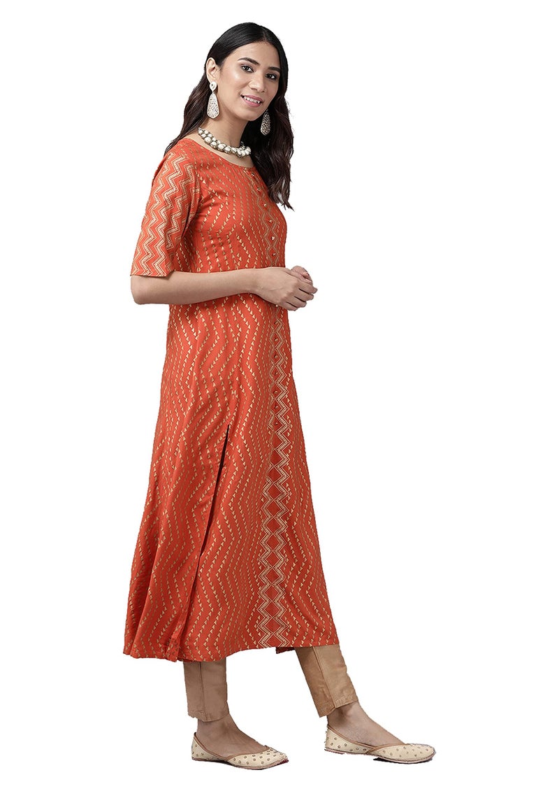 Yash Gallery Women's Rayon Zig-Zag Printed Anarkali Regular Fit Kurta For Women (1306YKORANGE_Orange_Small) - Image 2
