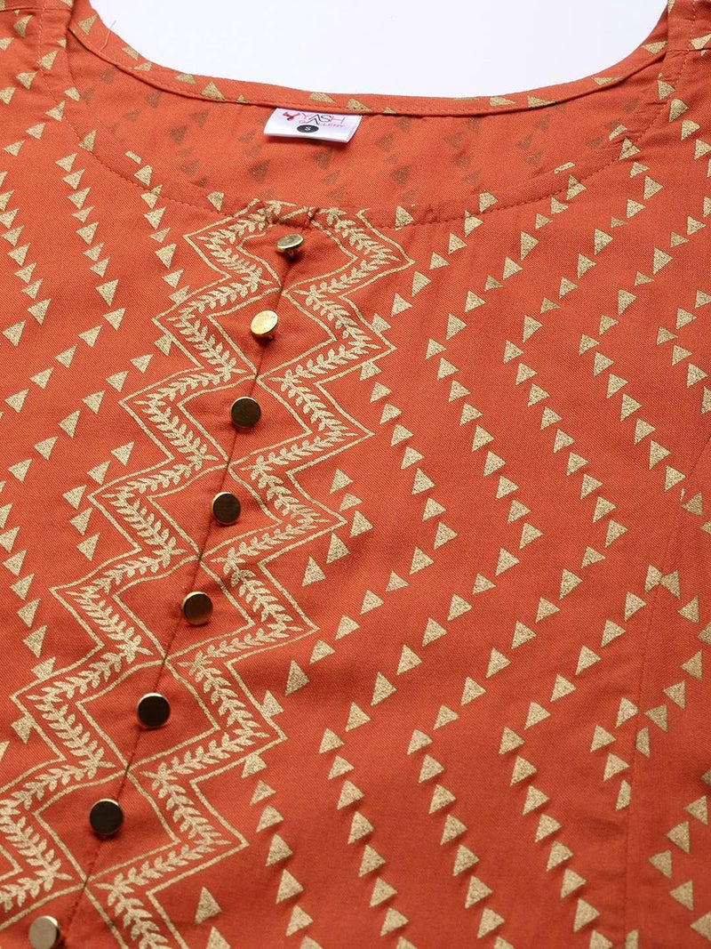 Yash Gallery Women's Rayon Zig-Zag Printed Anarkali Regular Fit Kurta For Women (1306YKORANGE_Orange_Small) - Image 5
