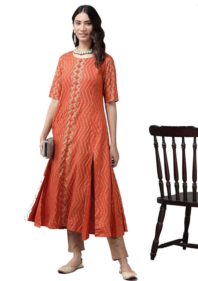 Yash Gallery Women's Rayon Zig-Zag Printed Anarkali Regular Fit Kurta For Women (1306YKORANGE_Orange_Small) - Image 3