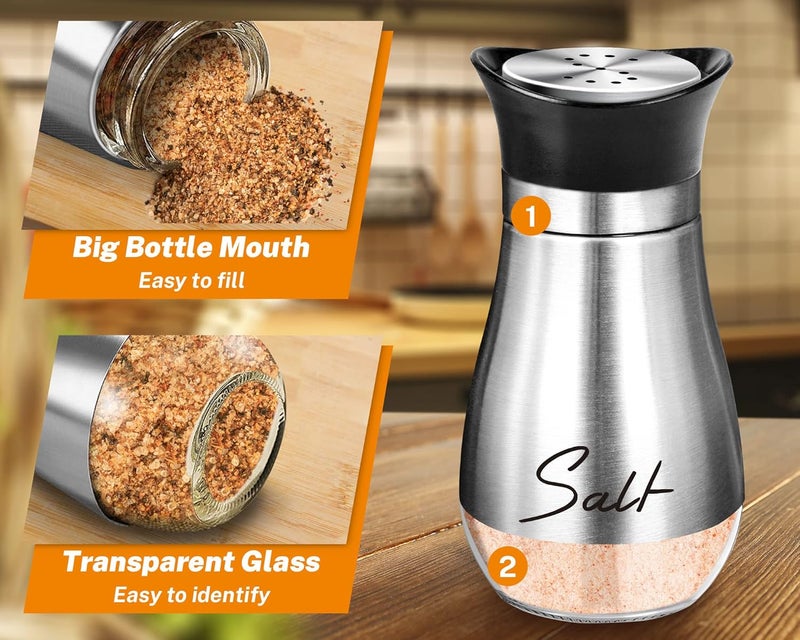 Arrozon Salt and Pepper Shakers Set,4 oz Glass Bottom Salt Pepper Shaker with Stainless Steel Lid for Kitchen Gadgets Cooking Table, RV, Camp,BBQ Refillable Design (Silver) - Image 3
