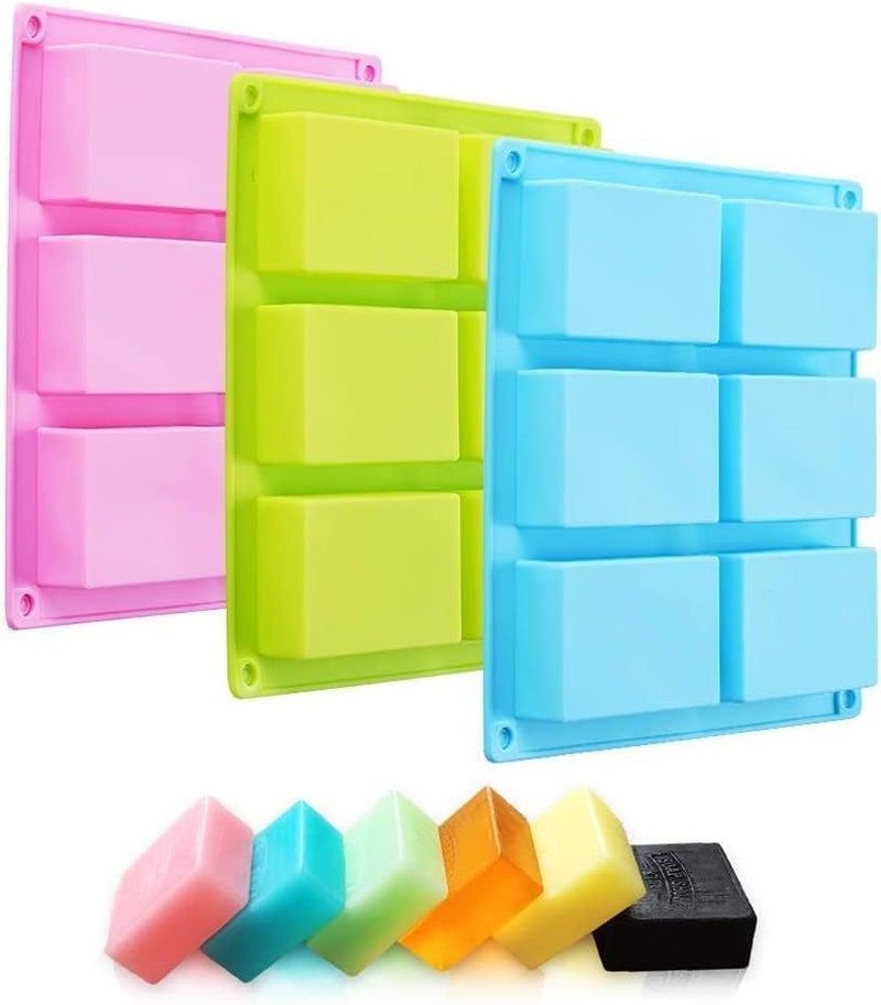 HZYH 3 Pack Silicone Soap Molds, 6 Cavities Silicone Baking Mold DIY Handmade Soap Making, Muffin, Easy to Use and Clean, for Loaf, Brownie, Cornbread and More, Blue Pink Green - Image 1