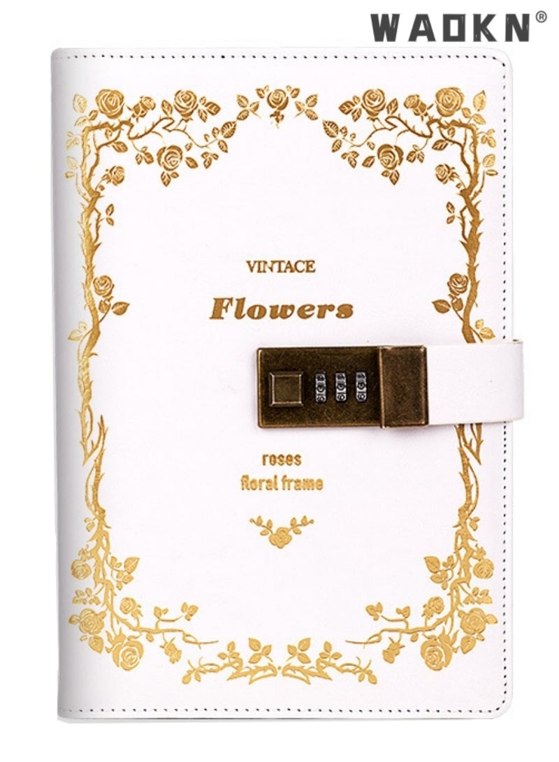 WAOKN Leather Notebook with Combination Lock, Leather Locking Journal Writing Notebook, Lock Diary Leather Locking Journal Writing Notebook Vintage Planner Agenda Personal Gift for Girls Journal, White - Image 1