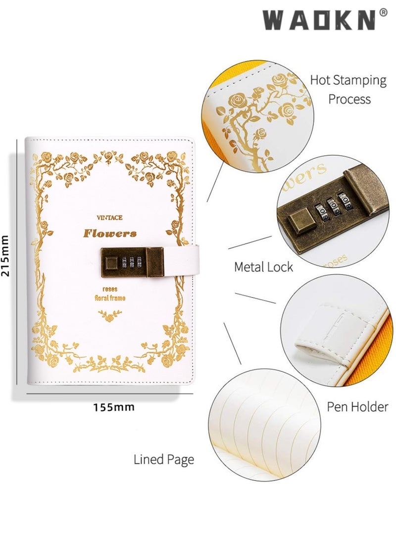 WAOKN Leather Notebook with Combination Lock, Leather Locking Journal Writing Notebook, Lock Diary Leather Locking Journal Writing Notebook Vintage Planner Agenda Personal Gift for Girls Journal, White - Image 2