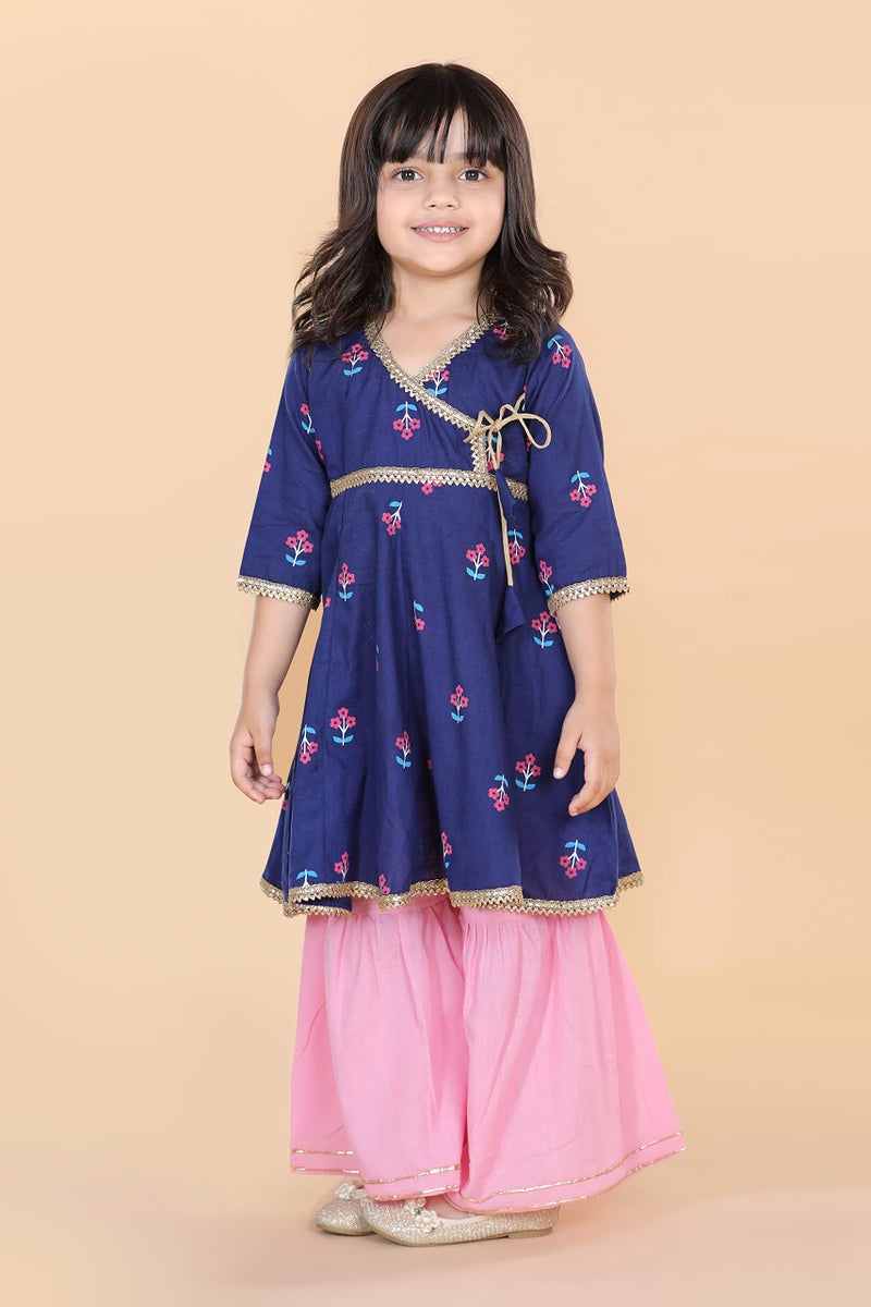 AJ DEZINES Kids Cotton 3/4th Sleeve Blue Kurta Sharara Set for Girls - Ethnic Wear | Festival Wear - Floral Pattern, Regular Fit - Image 5