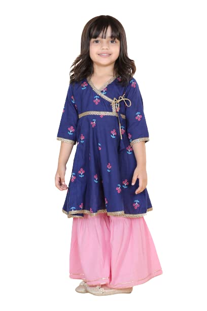 AJ DEZINES Kids Cotton 3/4th Sleeve Blue Kurta Sharara Set for Girls - Ethnic Wear | Festival Wear - Floral Pattern, Regular Fit - Image 1