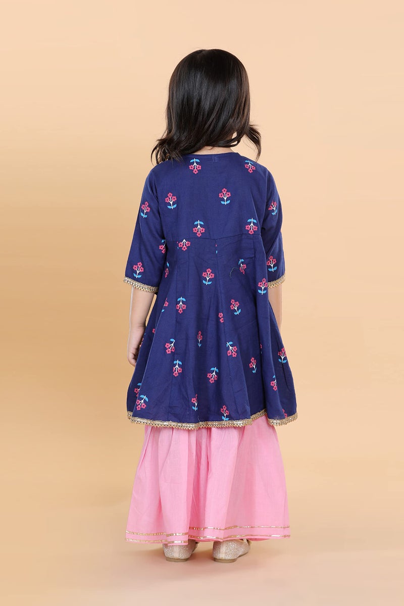 AJ DEZINES Kids Cotton 3/4th Sleeve Blue Kurta Sharara Set for Girls - Ethnic Wear | Festival Wear - Floral Pattern, Regular Fit - Image 2