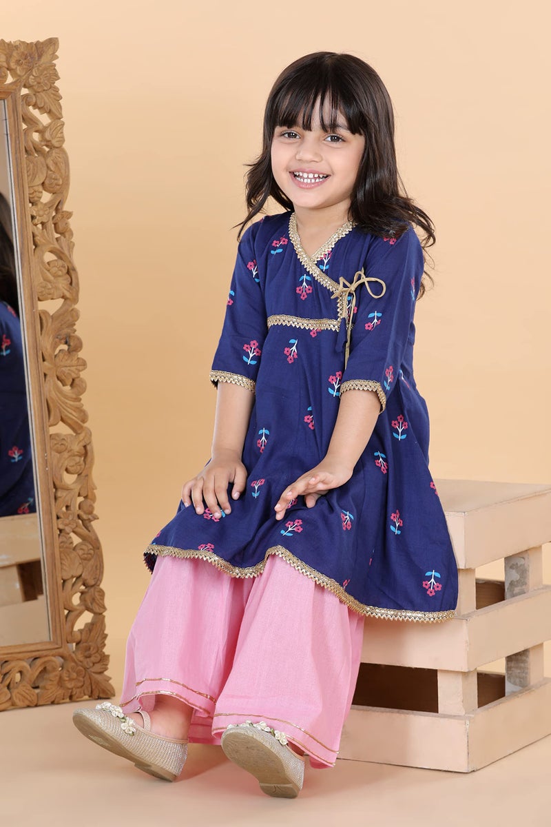 AJ DEZINES Kids Cotton 3/4th Sleeve Blue Kurta Sharara Set for Girls - Ethnic Wear | Festival Wear - Floral Pattern, Regular Fit - Image 4