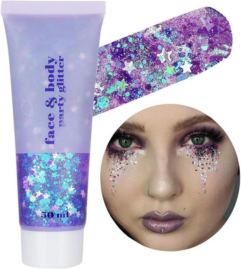 Go Ho Lavender Purple Face Body Glitter Gel,Mardi Gras Outfit for Women Kids,Holographic Mermaid Chunky Sequins Glitters for Eye Lip Hair Nails,Festival Rave Accessories,52g
