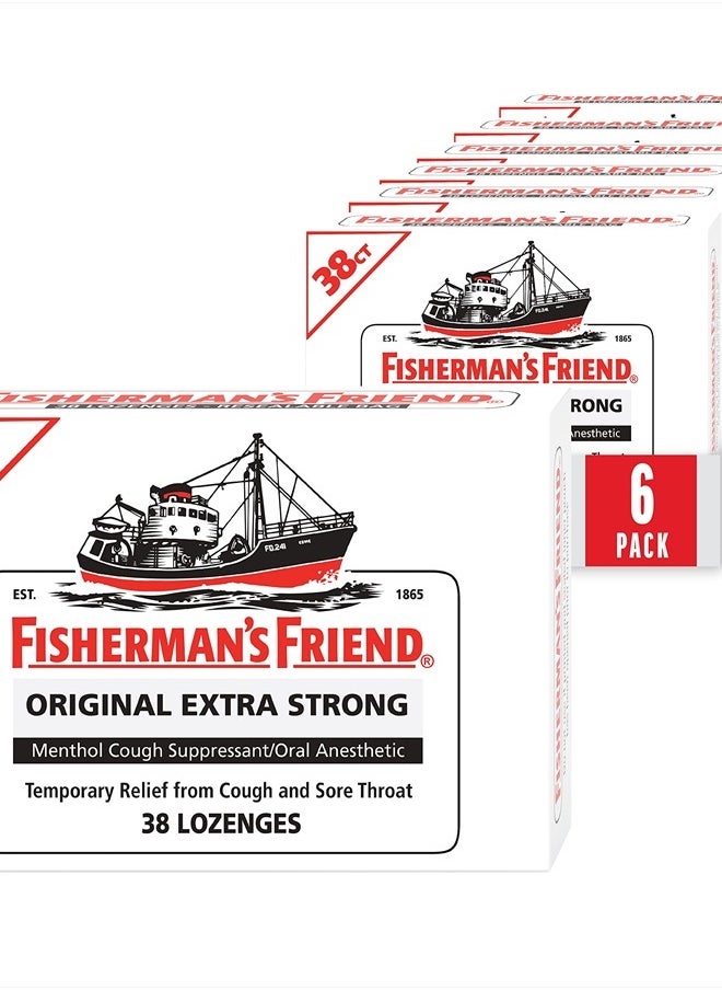 FISHERMAN'S FRIEND Cough Drops, Cough Suppressant and Sore Throat Lozenges, Original Extra Strong, 10mg Menthol, 228 Drops (6 Packs of 38)  - Image 1