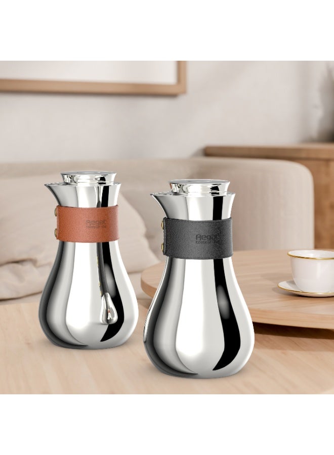 ريجال من Ripple – ترمس فاكيوم حراري بسعة 0.7 لتر | ستانلس ستيل مزدوج الجدار بلون فضي لامع ومسكة جلدية (أسود أو بني) – تصميم عصري لقهوة وشاي - Image 2