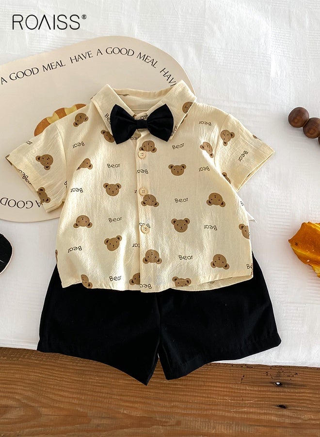 رويس طقم ملابس صيفي من قطعتين للأولاد الصغار، طقم قميص وشورت مريح وجميل، ملابس أنيقة مع قميص مطبوع بنقشة دب وشورت سادة، مناسب للارتداء اليومي أو التصوير الفوتوغرافي أو أي مناسبة - Image 4