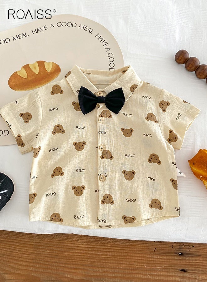 رويس طقم ملابس صيفي من قطعتين للأولاد الصغار، طقم قميص وشورت مريح وجميل، ملابس أنيقة مع قميص مطبوع بنقشة دب وشورت سادة، مناسب للارتداء اليومي أو التصوير الفوتوغرافي أو أي مناسبة - Image 5