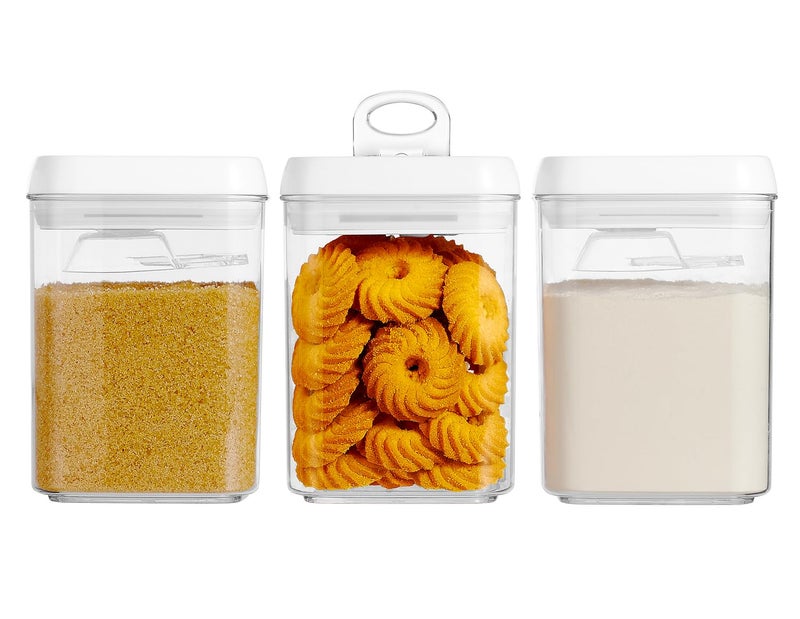Felli حاوية تخزين فيلي فليب تايت مع ملعقة مدمجة غطاء محكم 5 لارج إم حلقة قابلة للطي قابلة للتكديس حاوية أكريليك للأرز والسكر والدقيق ومسحوق البروتين منظم مخزن المطبخ 18qt