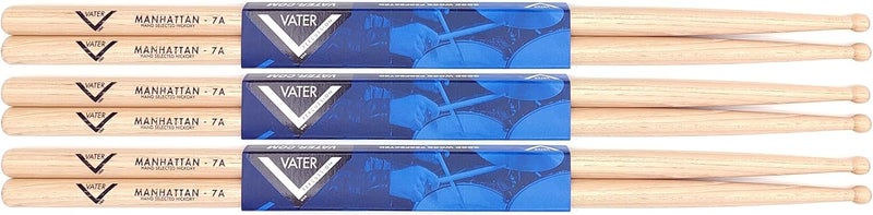 Manhattan 7A Wood Tip Hickory Drum Sticks, 3 Pair (VS3P7AW)