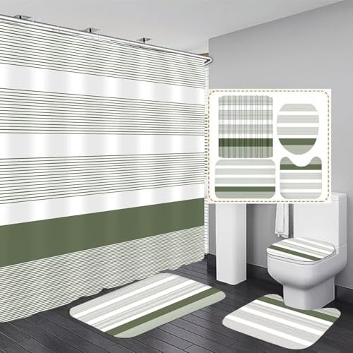 DDQQ 4Pcs Boho Streak Shower Curtain Sets with Rugs Sage Green Stripe Bathroom Sets Shower Curtain with 12 Hooks Bathroom Decor with Rugs Bath Accessories with Mats Toilet Lid Cover - Image 1