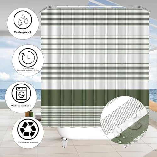 DDQQ 4Pcs Boho Streak Shower Curtain Sets with Rugs Sage Green Stripe Bathroom Sets Shower Curtain with 12 Hooks Bathroom Decor with Rugs Bath Accessories with Mats Toilet Lid Cover - Image 5