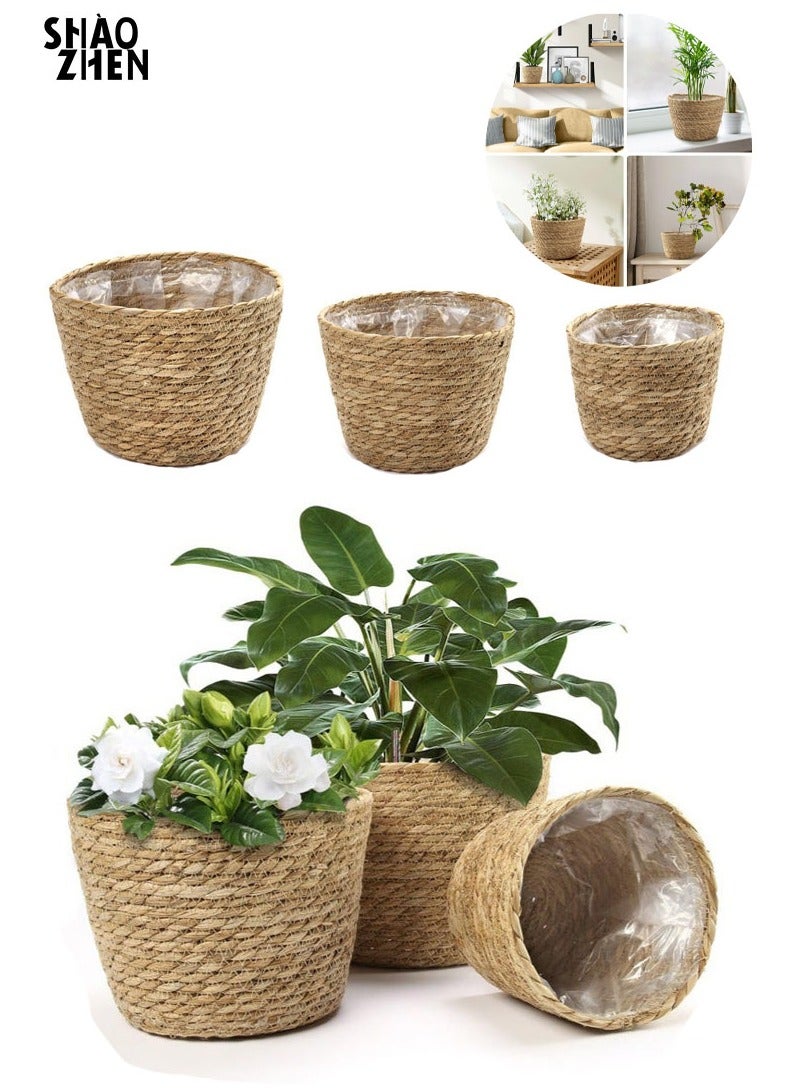 SHAOZHEN Set Of 3 Flower Pots Seagrass Flower Pot Baskets Indoor And Outdoor Flower Pot Covers Plant Containers Beige - Image 1