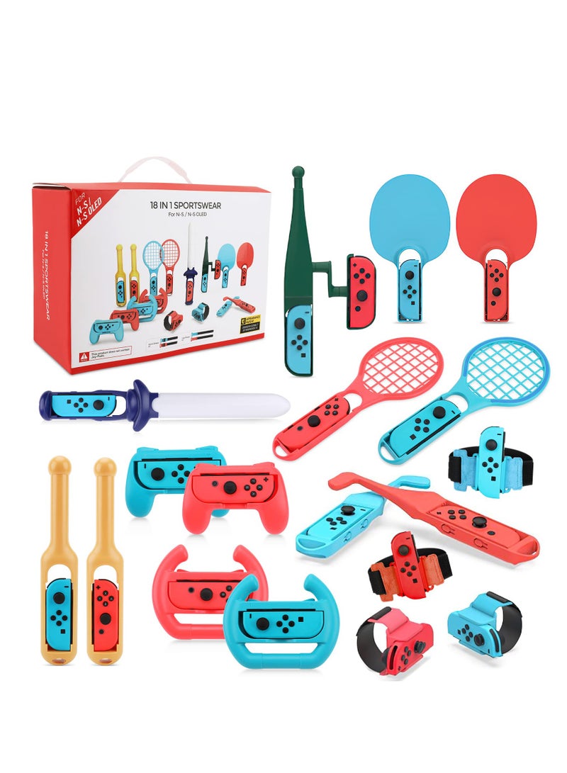 SOLARAE 18 in 1 Switch Sport Games Accessories Bundle for Nintendo Switch Games, Family Bundle Accessory Kit with Tennis Racket Controller Grips Racing Wheel Bandage Golf Club Wheels Drum Stick Fishing Rod - Image 1