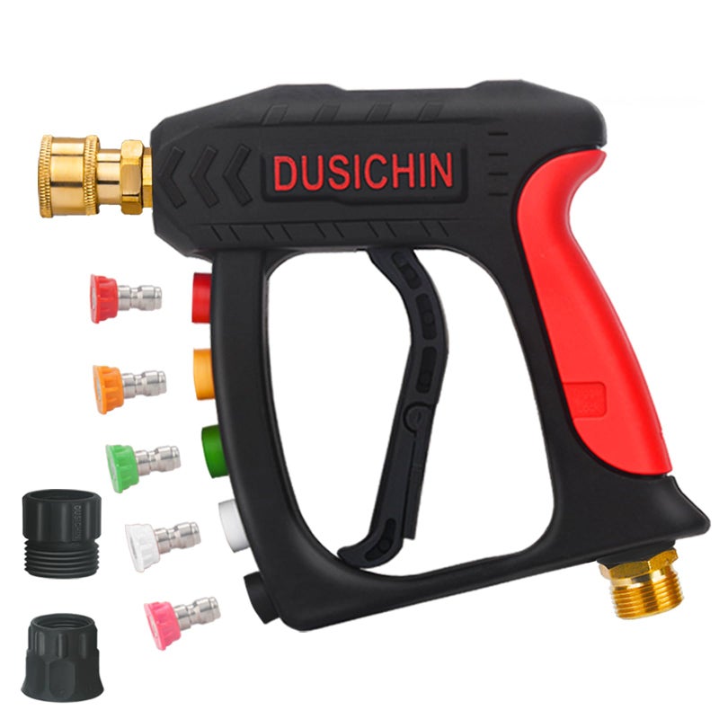 DUSICHIN Pressure Water Gun Short Wand With Garden Hose Adapter, 5 Tips Car Wash Spray Gun Garden Hose Connector, 3/4" Water Hose M22-14mm Fitting Inlet DUS2634 - Image 1