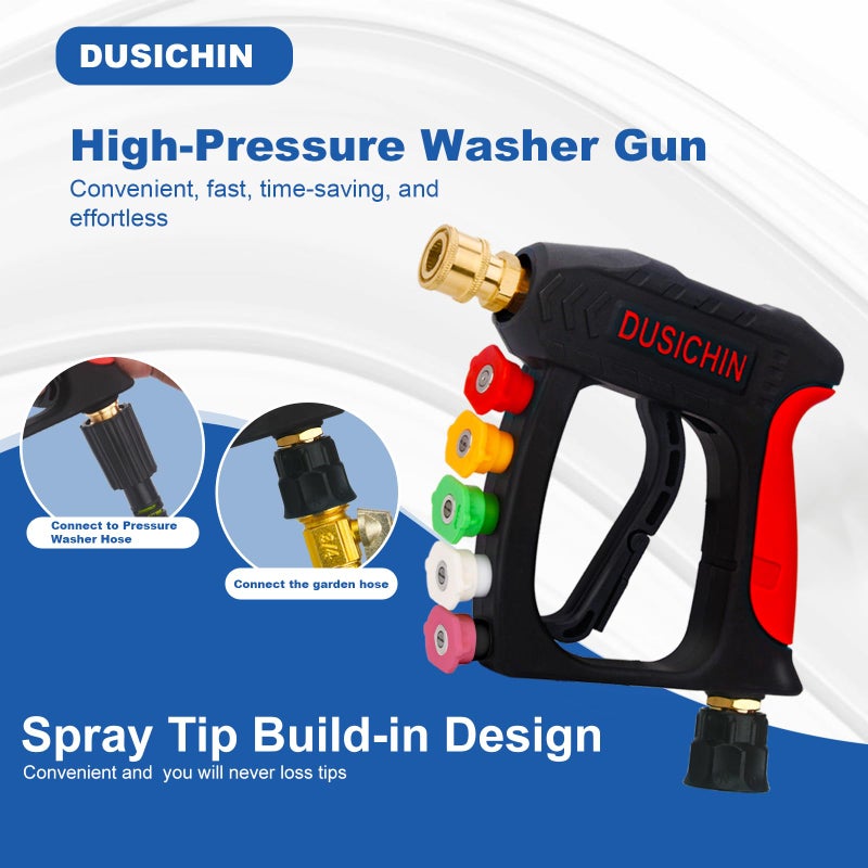 DUSICHIN Pressure Water Gun Short Wand With Garden Hose Adapter, 5 Tips Car Wash Spray Gun Garden Hose Connector, 3/4" Water Hose M22-14mm Fitting Inlet DUS2634 - Image 3