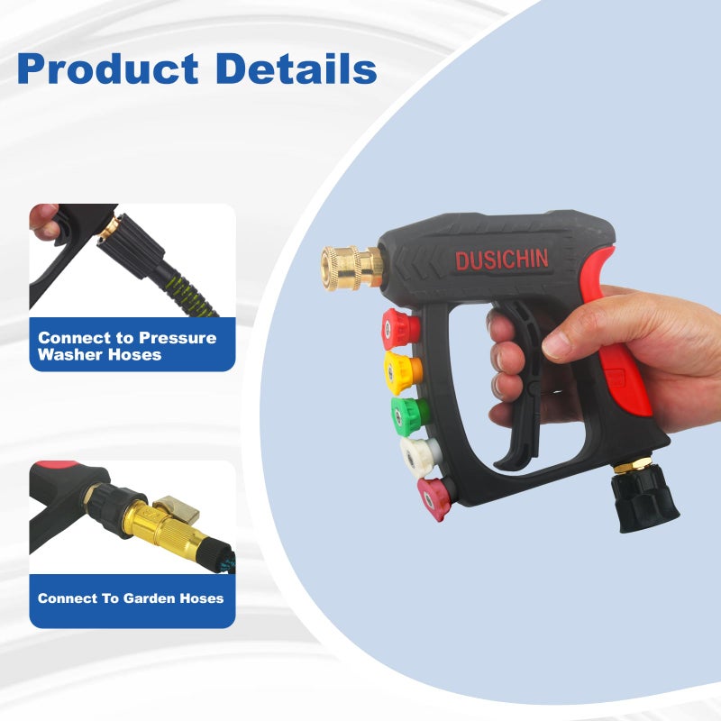 DUSICHIN Pressure Water Gun Short Wand With Garden Hose Adapter, 5 Tips Car Wash Spray Gun Garden Hose Connector, 3/4" Water Hose M22-14mm Fitting Inlet DUS2634 - Image 2