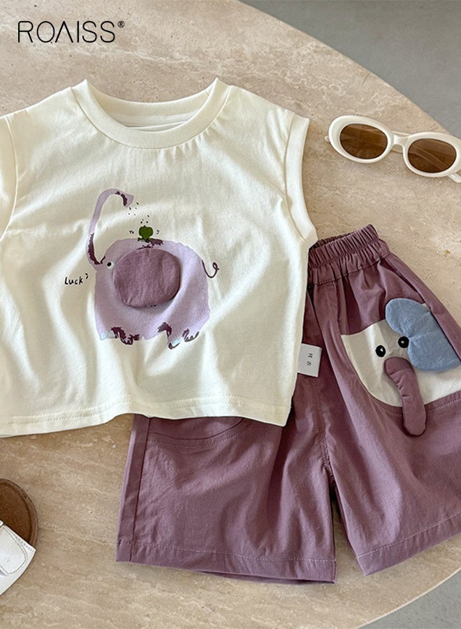 roaiss Little Boy Vest and Shorts Set with Adorable Patterns, Stylish 2-Piece Outfit for Boys, Summer Outfit with Round Neck Sleeveless Top and Elastic Waist Short Pants, Perfect for Daily Wear or Various Occasions  - Image 2
