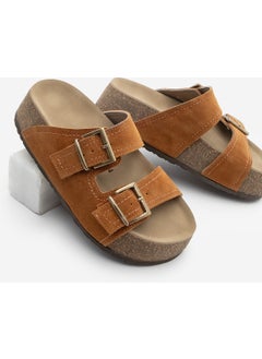 MARJIN Women's Genuine Leather Double Banded Cork Sole Casual Slippers Roneta  - Image 1