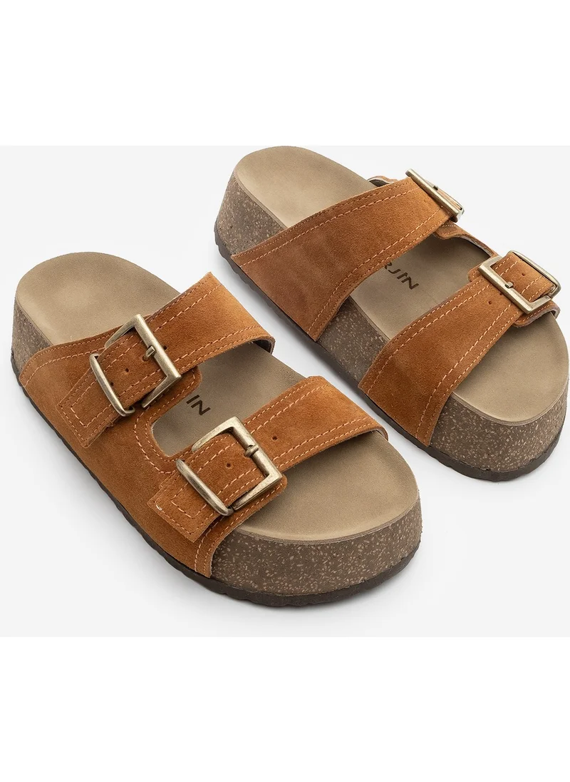 MARJIN Women's Genuine Leather Double Banded Cork Sole Casual Slippers Roneta