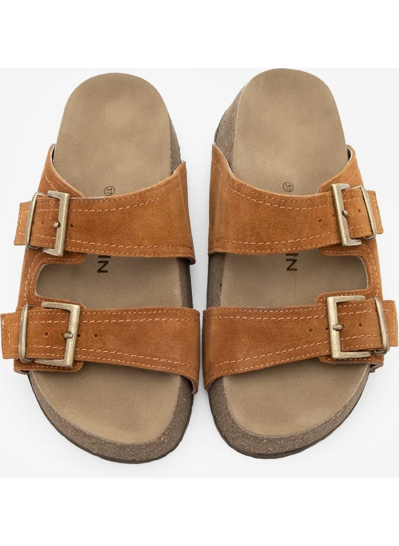 MARJIN Women's Genuine Leather Double Banded Cork Sole Casual Slippers Roneta