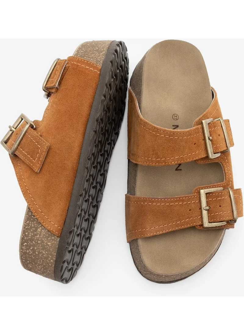 MARJIN Women's Genuine Leather Double Banded Cork Sole Casual Slippers Roneta