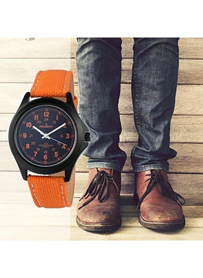 PEUGEOT Men Black Aviator Watch 24Hr Time Markers Water Resistant With Canvas Strap  - Image 4