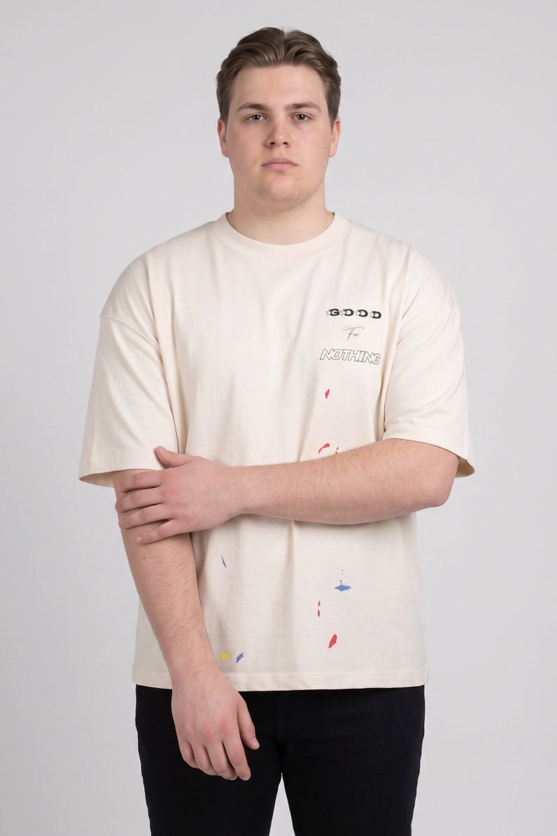 GOOD FOR NOTHING Men Crew Neck Short Sleeve Graphic Print T-Shirt, Off White - Image 1