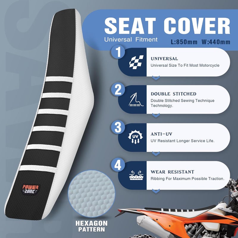 sawrain Dirt Bike Seat Cover, Universal Ribbed Gripper, Motorcycle Enduro Motocross, White-Black - Image 3