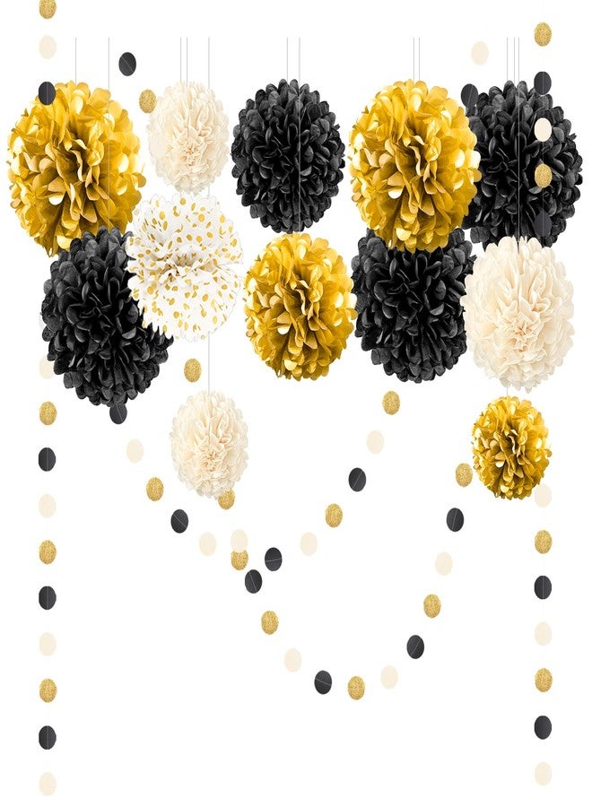 NICROLANDEE Black Gold Party Decorations, 15 PCS Tissue Paper Pom Poms Kit for 2026 Graduation Party Decor, Wedding, Birthday, Engagement, Paper Garland Flower Ball Ceiling Wall Decor - Image 1