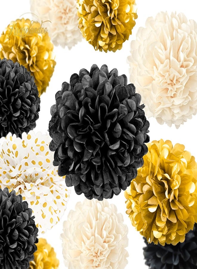 NICROLANDEE Black Gold Party Decorations, 15 PCS Tissue Paper Pom Poms Kit for 2026 Graduation Party Decor, Wedding, Birthday, Engagement, Paper Garland Flower Ball Ceiling Wall Decor - Image 2