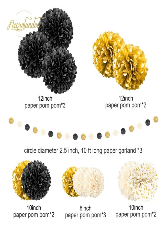 NICROLANDEE Black Gold Party Decorations, 15 PCS Tissue Paper Pom Poms Kit for 2026 Graduation Party Decor, Wedding, Birthday, Engagement, Paper Garland Flower Ball Ceiling Wall Decor - Image 3