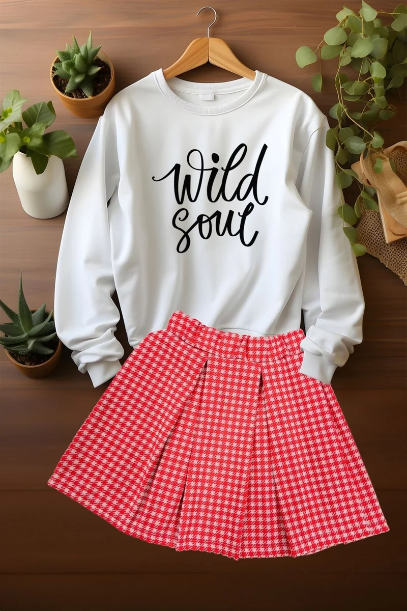 Ada Bebek Çocuk Ada Baby Child Style Plaid Skirt Wild Soul Sweat Skirt Top and Bottom Set