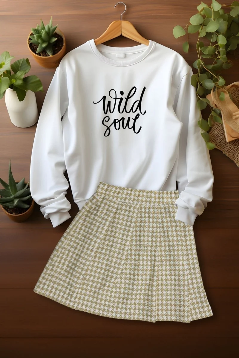 Ada Bebek Çocuk Ada Baby Child Style Plaid Skirt Wild Soul Sweat Skirt Top and Bottom Set