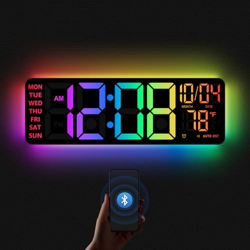 YISILE 16" Digital Wall Clock with Night Light, Digital Clock with RGB Colors Changing Remote Control, Dual Alarm, Dimmer, Auto DST, Voice Control, Auto Time Sync, Clocks for Living Room, Gift for Elderly - Image 1
